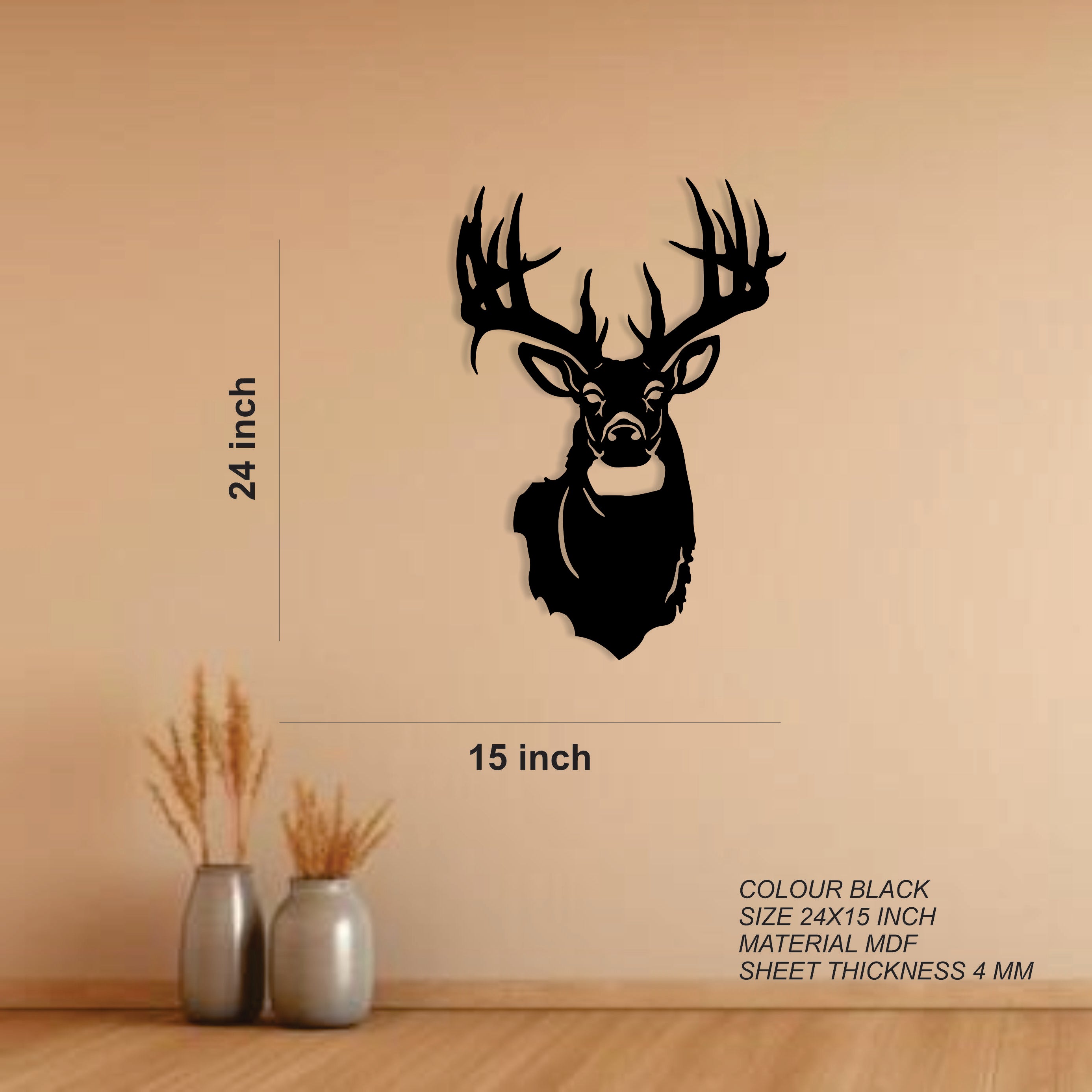 Premium Black MDF Deer Wall Décor | 24×15 Inch | 4mm Thick Wooden Wall Art for Living Room & Bedroom