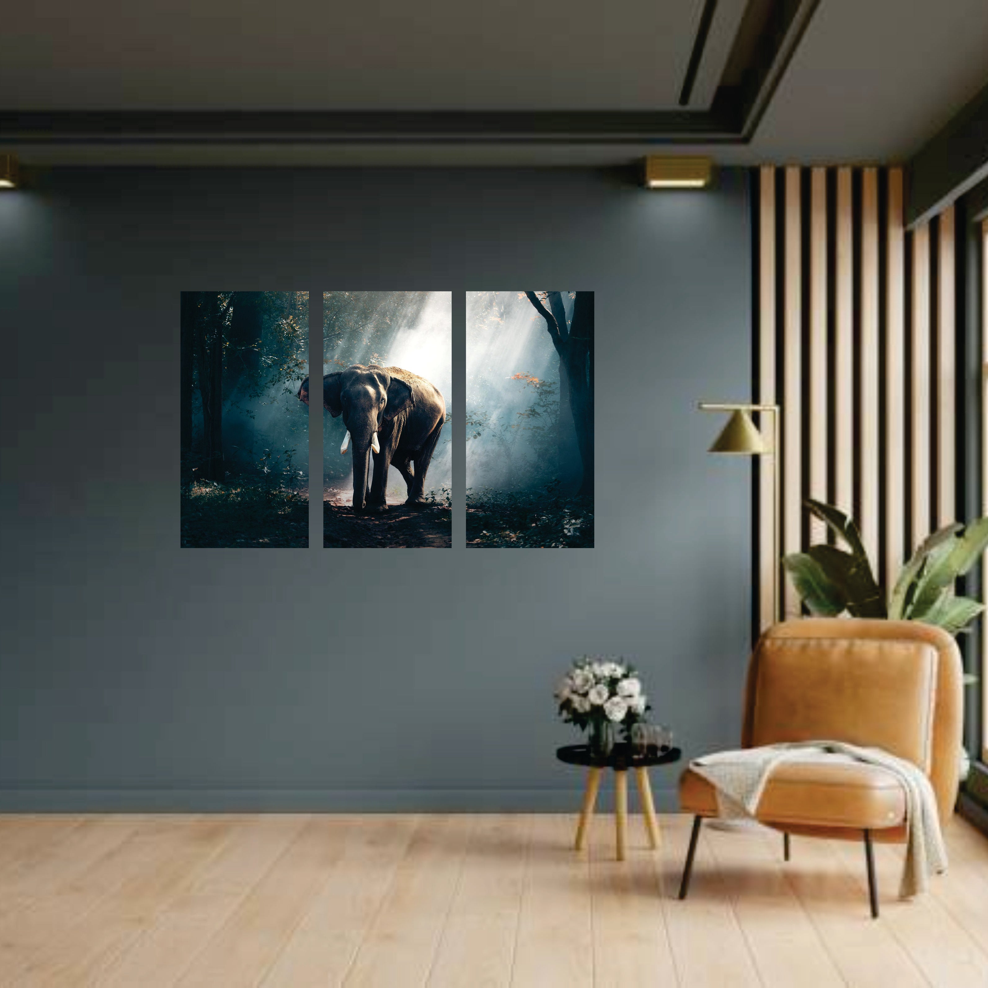 Wild Elephant Forest MDF Wall Art (3 Panel Set) | 12×6 Inch Each | 4mm Thick | Premium Home & Office Wall Decor