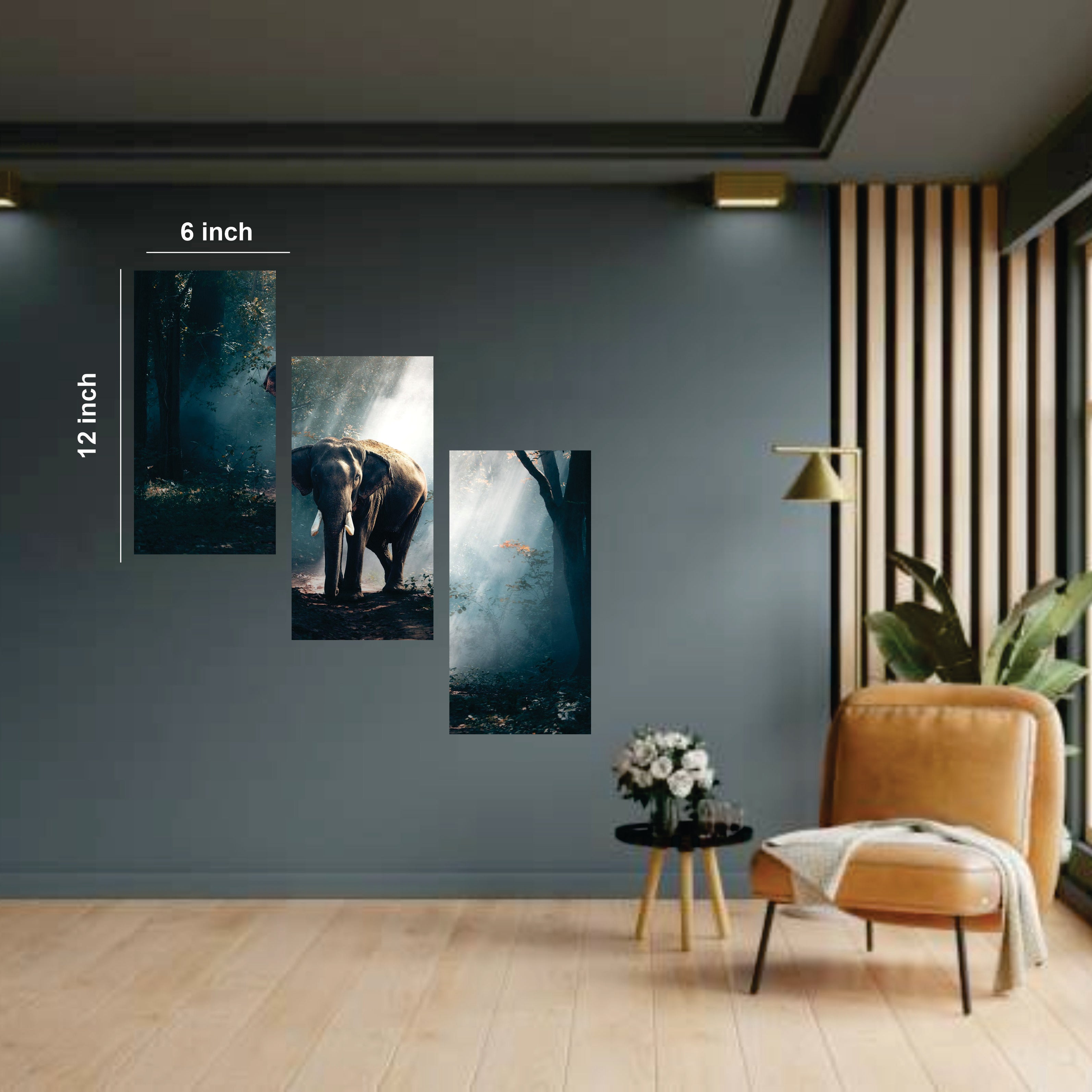 Wild Elephant Forest MDF Wall Art (3 Panel Set) | 12×6 Inch Each | 4mm Thick | Premium Home & Office Wall Decor