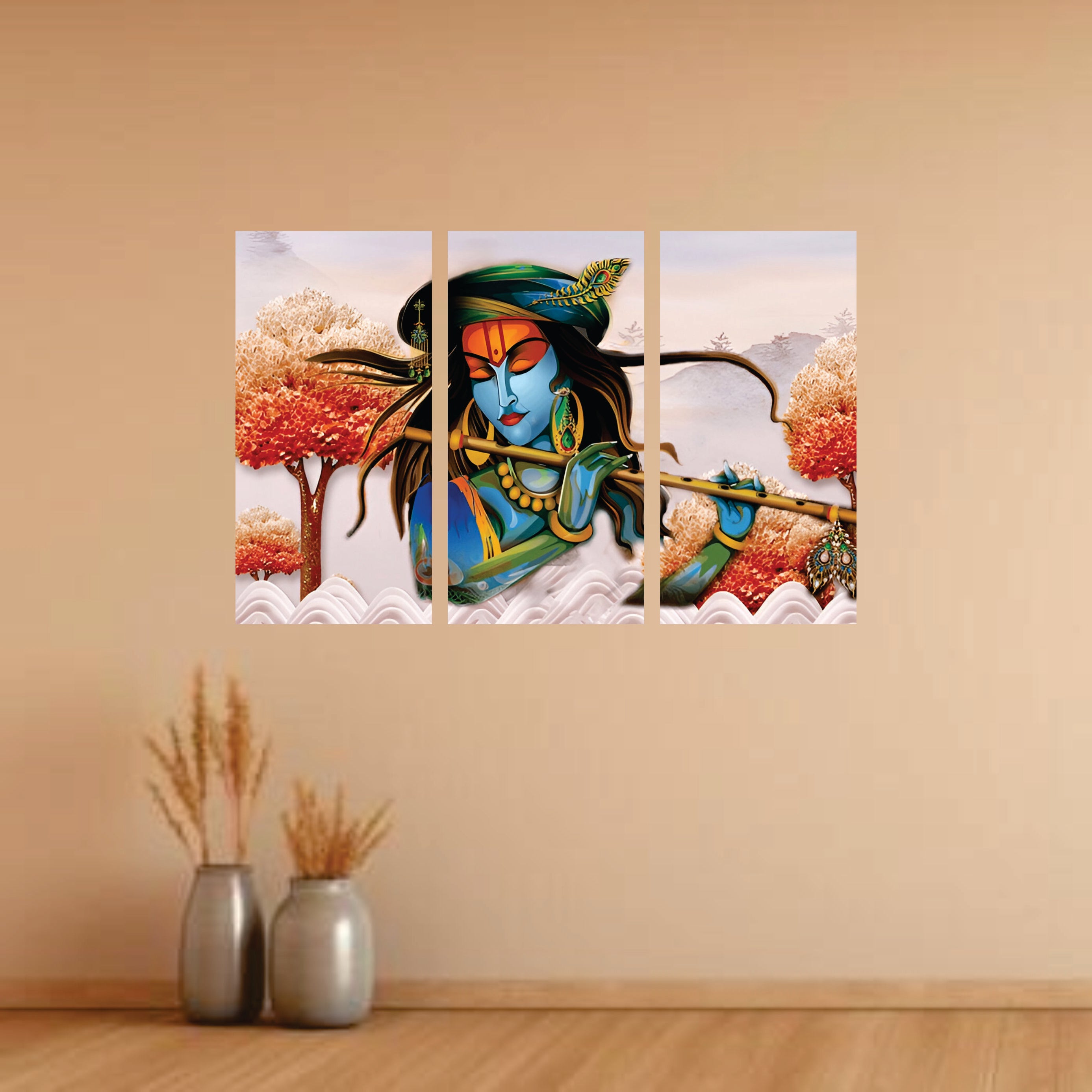 Lord Krishna MDF Wall Art (3 Panel Set) | 12×6 Inch Each | 4mm Thick | Spiritual & Modern Home Wall Decor