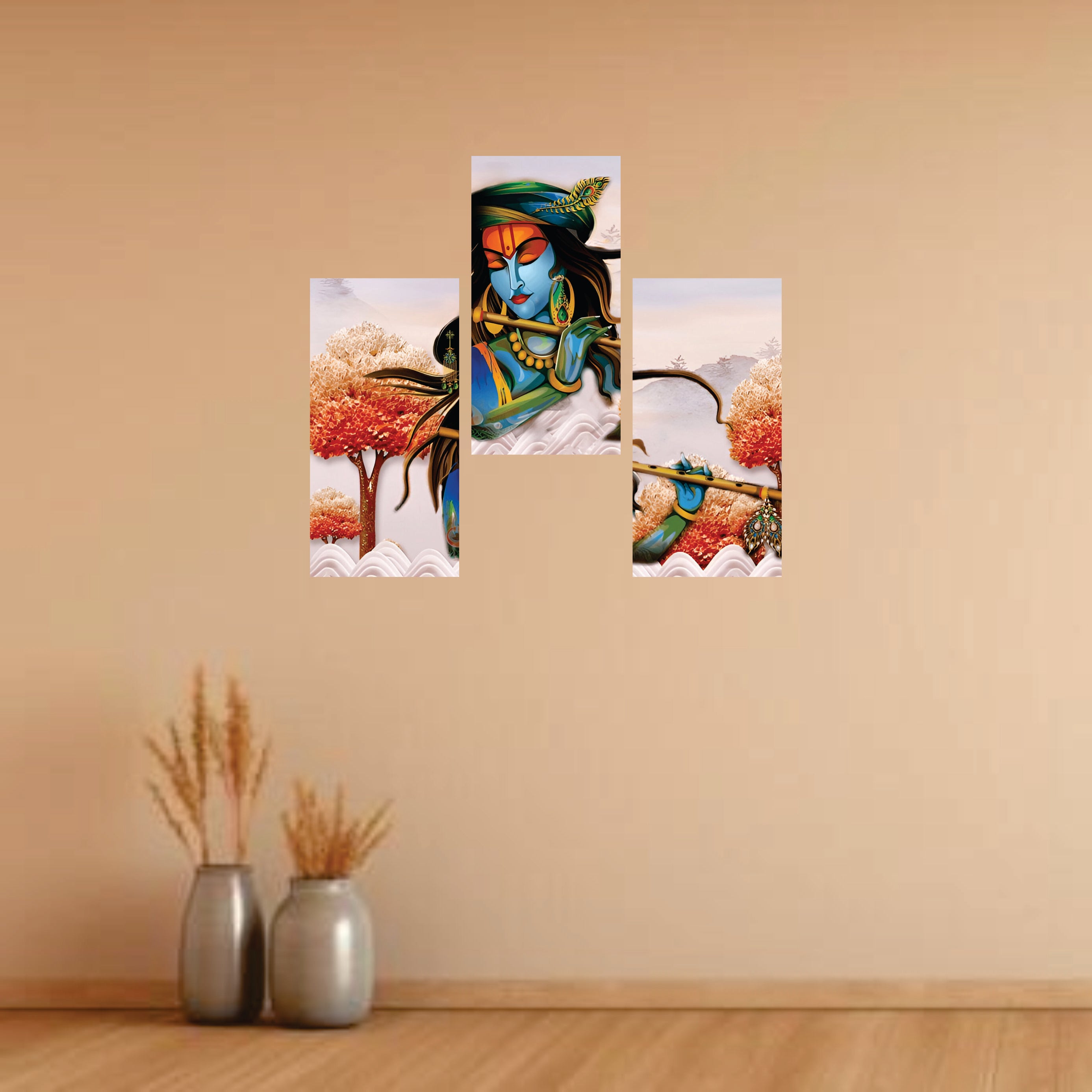 Lord Krishna MDF Wall Art (3 Panel Set) | 12×6 Inch Each | 4mm Thick | Spiritual & Modern Home Wall Decor