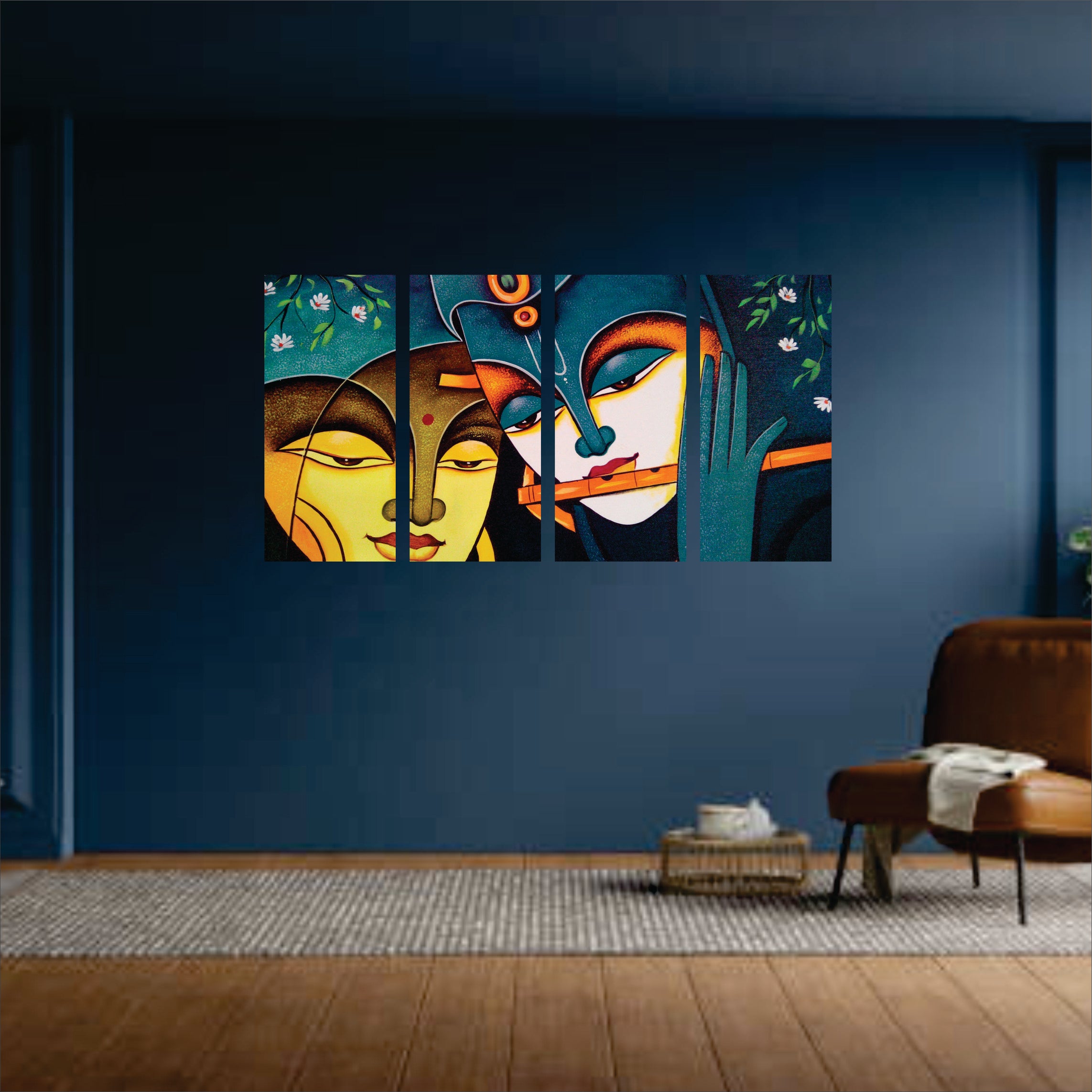 Radha Krishna MDF Wall Art (4 Panel Set) | 12×6 Inch Each | 4mm Thick | Spiritual & Modern Home Wall Decor