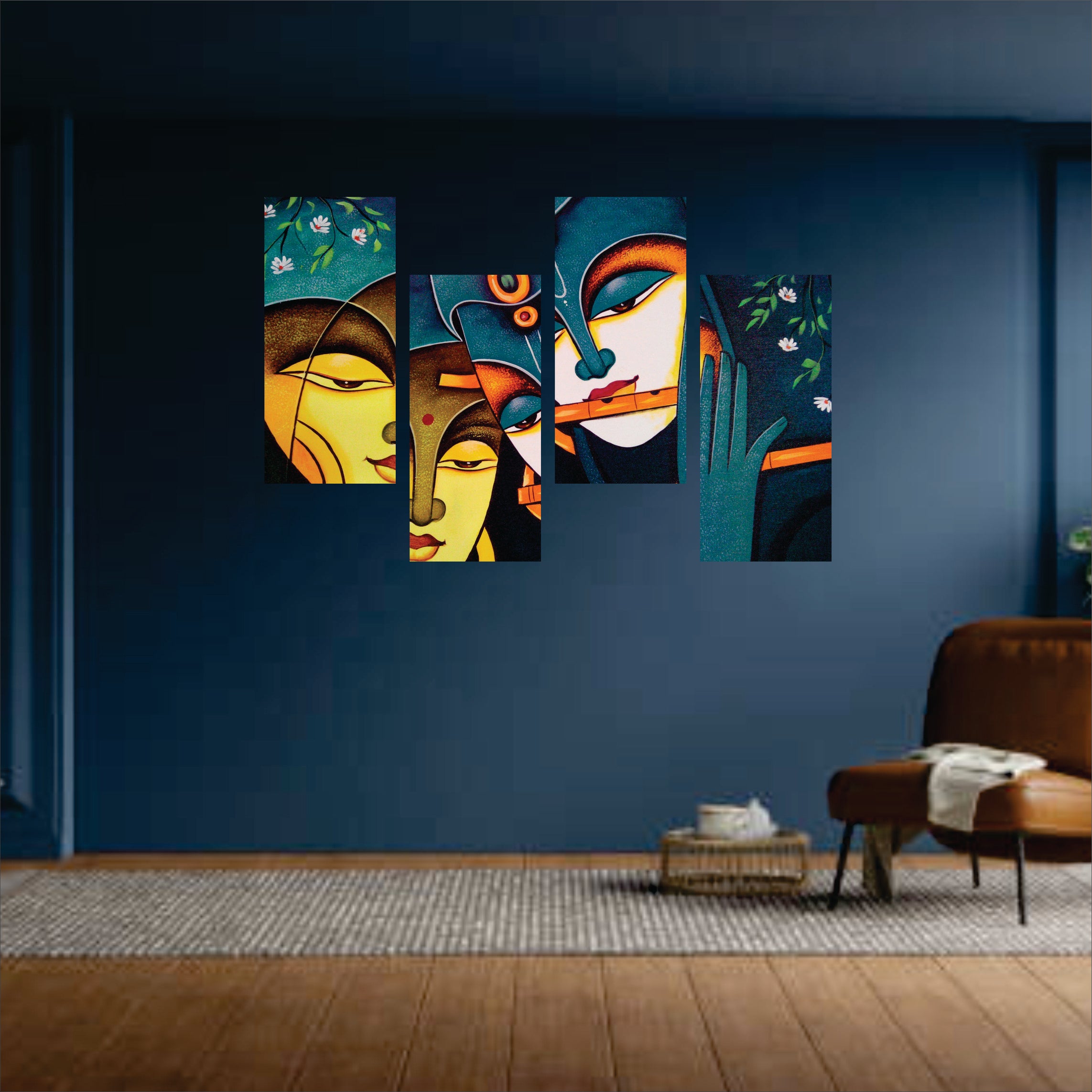 Radha Krishna MDF Wall Art (4 Panel Set) | 12×6 Inch Each | 4mm Thick | Spiritual & Modern Home Wall Decor